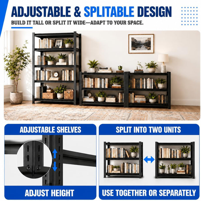 Metal Bookshelf, 5-Tier Adjustable Industrial Bookcase with Anti-Tip Kit | 2500LBS Boltless Steel Storage Shelves for Living Room, Bedroom & Home Office, 36"W X 16"D X 72"H
