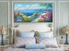 Blue Landscape Wall Art Canvas for Living Room Ocean Coastal Mediterranean Painting Bedroom 100% Hand Painted Seascape Garden Flower Picture Artwork Large Framed Home Office Wall Decor, 48"X24"