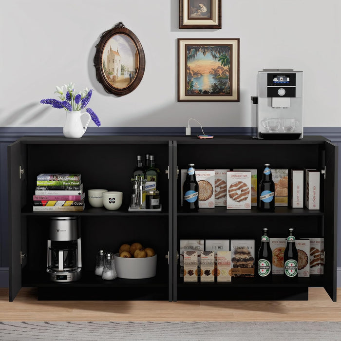 Buffet Cabinet Mirror with Storage Black Sideboard with Storage Coffee Bar with Lights & Charging Station Kitchen LED 57.87'' Buffet Cabinet with Mirror Doors for Bedroom, Living Room