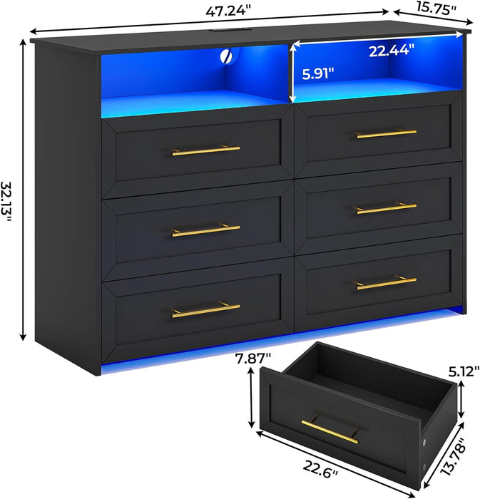 Black Six Drawer Dresser With LEDIlluminationTechnology