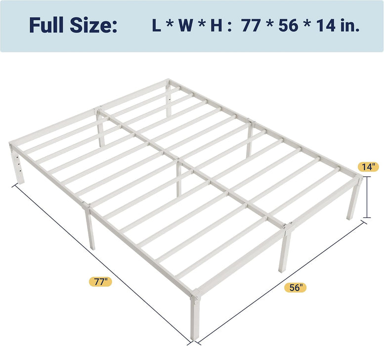 Full Size Bed Frame, 14 Inch Metal Beds with Storage Space, White