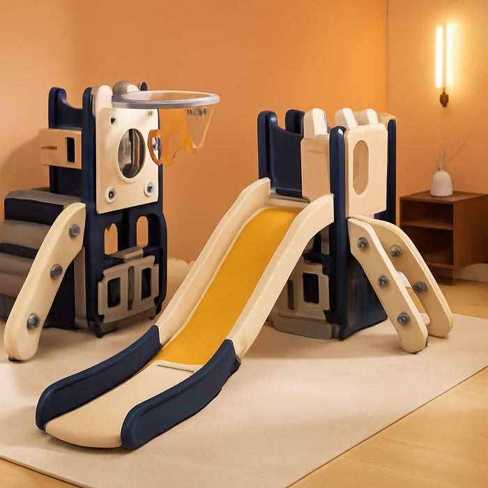 Playhouse with Slide and L-Stair - Basketball Hoop Indoor or Outdoor Playground Set for Toddlers - Handrail, Baby Climber Playset Playground Freestanding Slide - Blue & Yellow
