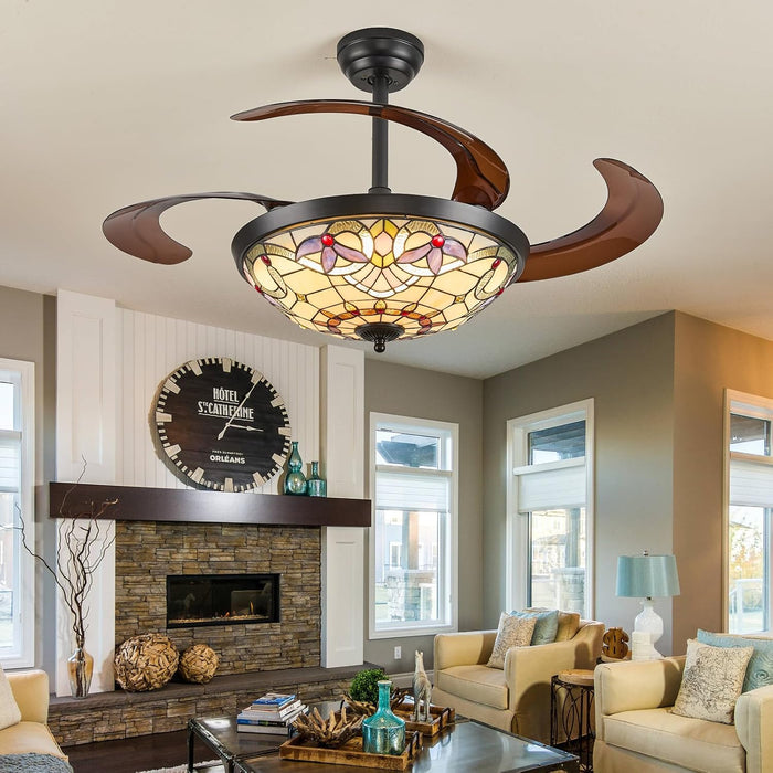 48" Tiffany Retractable Ceiling Fan with Light - (Red Dot, Black)