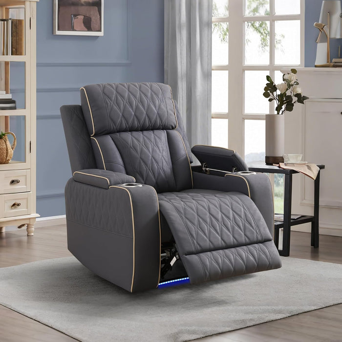 Breathable Leather Power Recliner Sofa Set, 3 Piece Living Room Furniture Set, Electric Reclining Couch Loveseat Chair with Cup Holders, LED Light, USB Port and Storage for Home Theater (Blue-Gray)