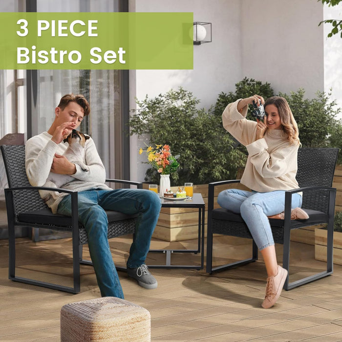 3 Piece Wicker Patio Bistro Set, Rattan Conversation Set with Coffee Table, for Balcony, Porch, Garden, Yard, Poolside, Black Frame with Black Cushion