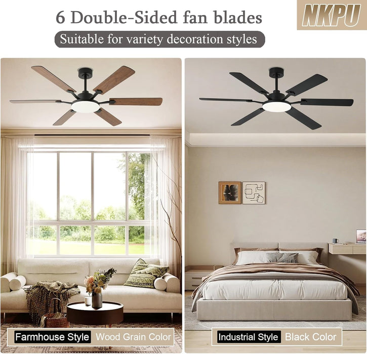 60 Inch Ceiling Fans with Lights, Large Modern Brown Ceiling Fan with Light and Remote Control, 6 Double Sided Blades, 6 Speed Reversible Motor, Dimmable LED, Silent Timing, Indoor Outdoor Patio Use
