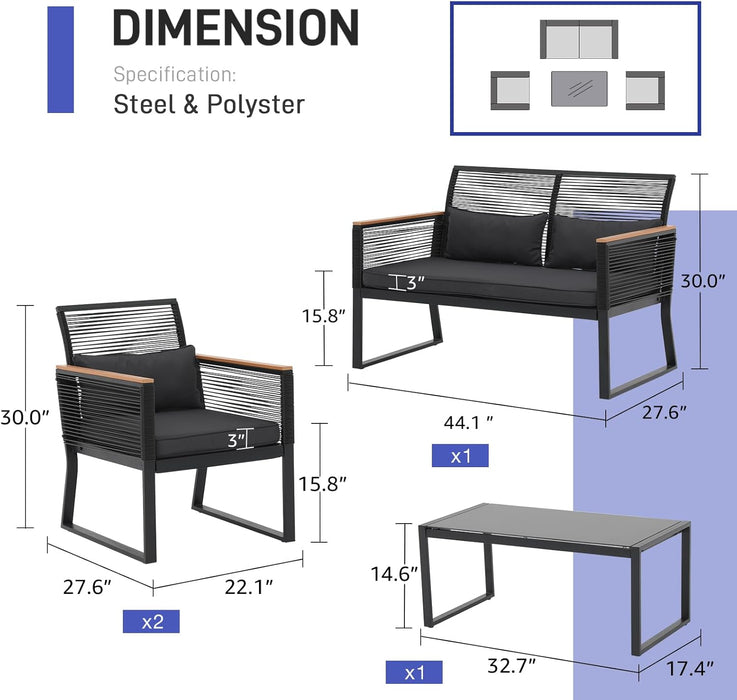 4 Piece Patio Furniture Set, Outdoor Wicker Bistro Set, All-Weather Black PE Rattan Conversation Set W/Coffee Table, Loveseat, Wood-Like Armrest, Cushions for Garden Balcony Deck, Dark Grey