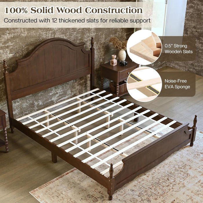 California King Solid Wood Bed Frame with 55" Arched Headboard, Traditional Poster Bed with 12 Wooden Slat Base, No Box Spring Needed/Noise Free& Non Slip/Easy Assembly, Dark Walnut
