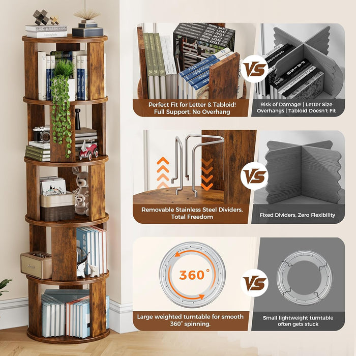 5 Tier Rotating Bookshelf Tower, 360° Display round Bookcase, Floor Standing Corner Revolving Bookshelf Organizer Storage Rack for Home Study Office, Walnut