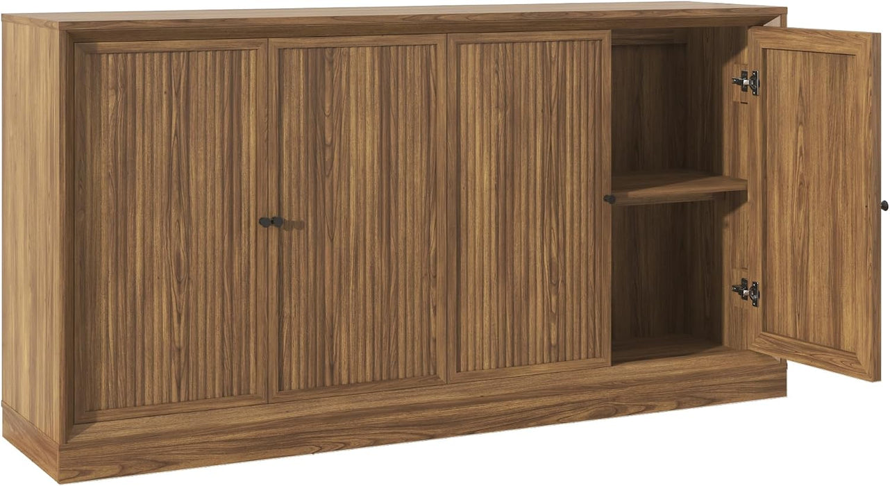 63” Fluted Sideboard Storage Cabinet, Mid Century Modern Wooden Credenza with 4 Doors & Adjustable Shelves, Beveled Edge Buffet Cabinet with Storage, Kitchen, Living Room (Walnut)