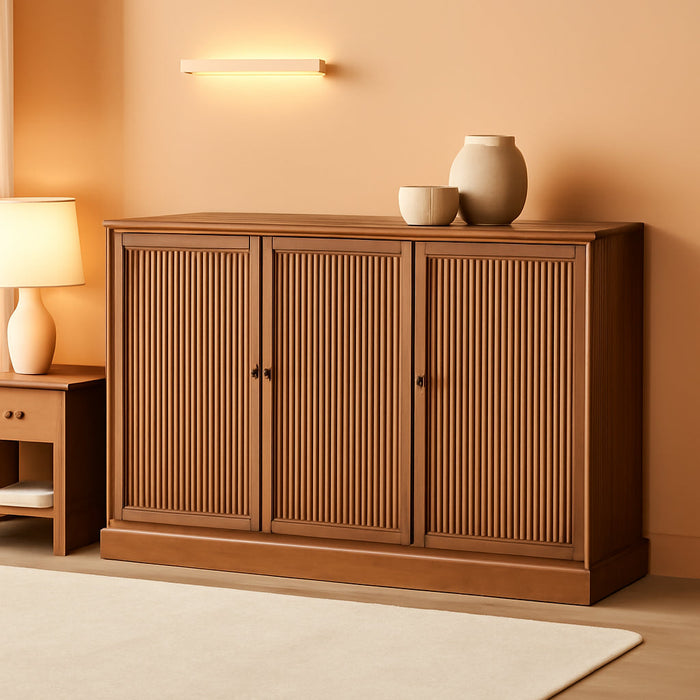 63” Fluted Sideboard Storage Cabinet, Mid Century Modern Wooden Credenza with 4 Doors & Adjustable Shelves, Beveled Edge Buffet Cabinet with Storage, Kitchen, Living Room (Walnut)