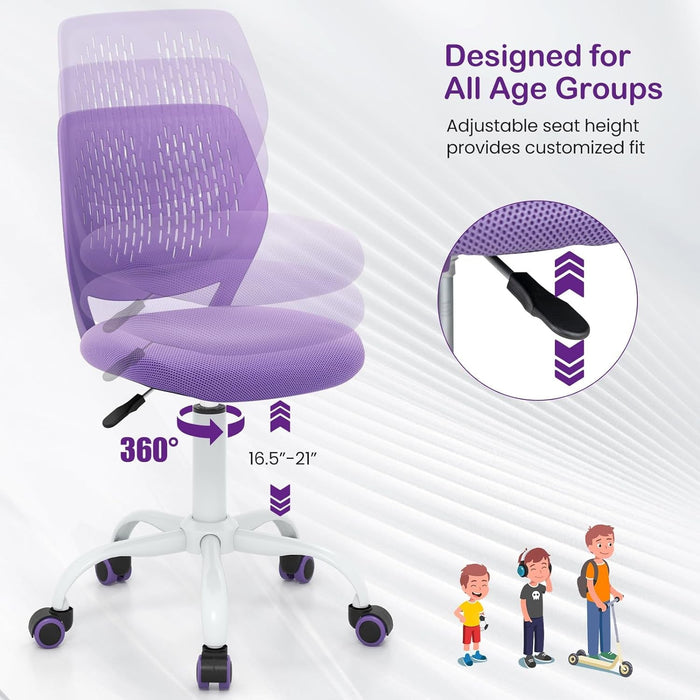 Kids Desk Chair, Adjustable Children Study Chair, Swivel Chair Armless Mesh Task Student Chair, Child Desk Chair with Adjustable Height & Lumbar Support Computer Chair (Purple)