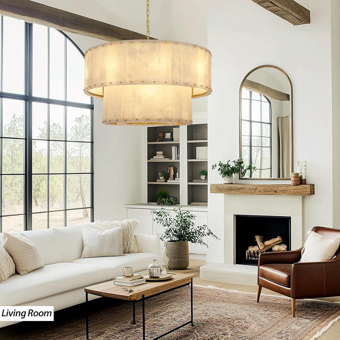 Alabaster Chandelier,D32In Spanish Marble round Alabaster Chandelier 2 Tiers,Modern Living Room Alabaster Chandeliers, Adjustable Gold Chandeliers for Dining Room,Bedroom,Bathroom,Entryway