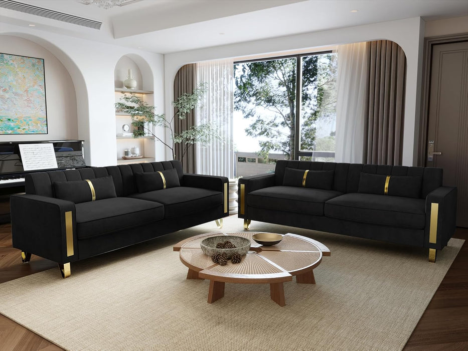 Loveseat Couch for Living Room, 86" Black Velvet Sofa Couch with 2 Pillows & Gold Metal Legs, Modern Upholstered Sofa Love Seat Sectional Couches for Apartment Home Office