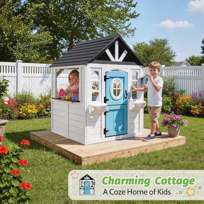 Kids Playhouse Outdoor,Cedar Wooden Play House for Kids Ages 3-8,With Dutch Door, Play Kitchen, Interactive Doorbell, Sink, Flowerpot, Birdcage
