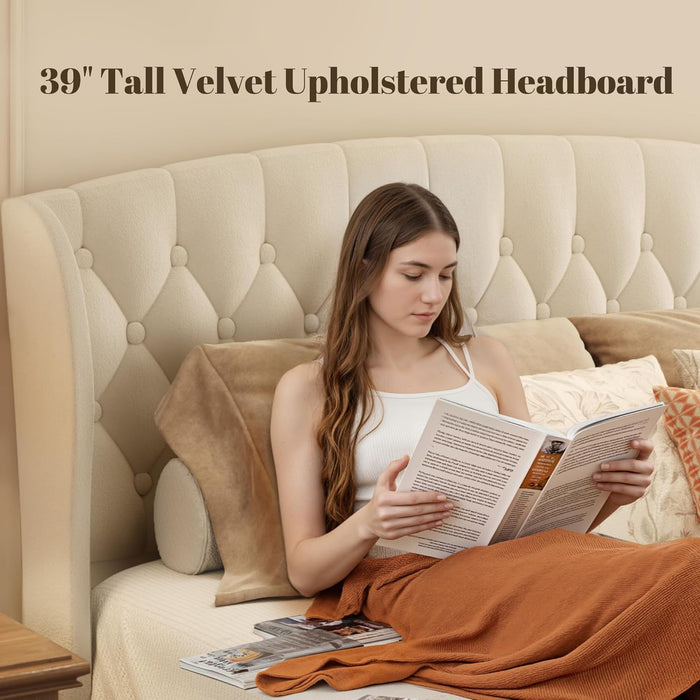 Queen Platform Bed Frame, Velvet Upholstered Sleigh Bed with Wingback Tufted Headboard and Footboard, Quiet & Stable Support, No Box Spring Needed, Noise-Free Design, Easy Assembly, Beige