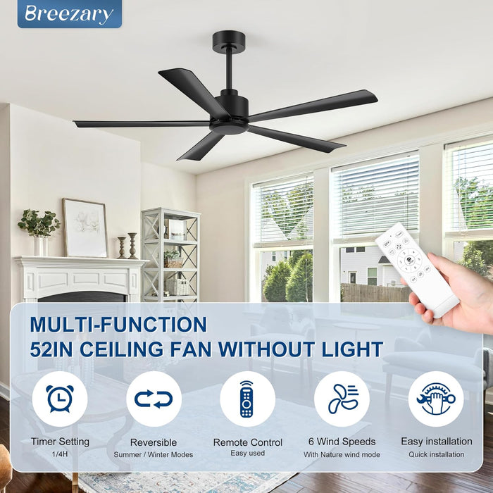 52 Inch 5 Blade Ceiling Fans without Light Remote Control, Quiet Reversible DC Motor, 5 Black Blades, 6-Speed, Industrial Ceiling Fan for Home Kitchen (Black)