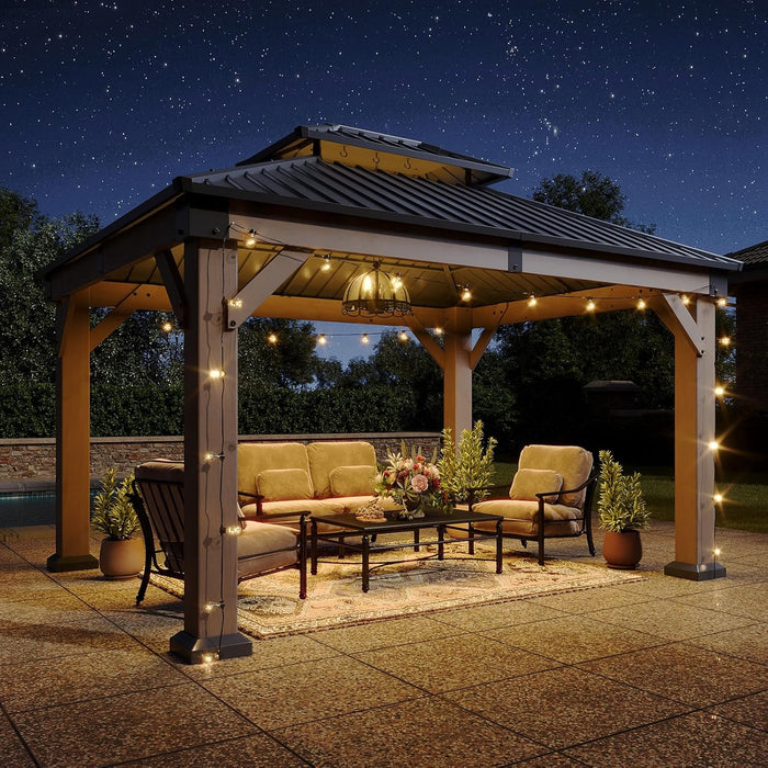 10' X 12' Outdoor Wood Gazebo, Hardtop Gazebo Permanent Wooden Pavilion with Galvanized Steel Double Roof, for Garden, Backyard, Patio, Cedar Wood, Grey