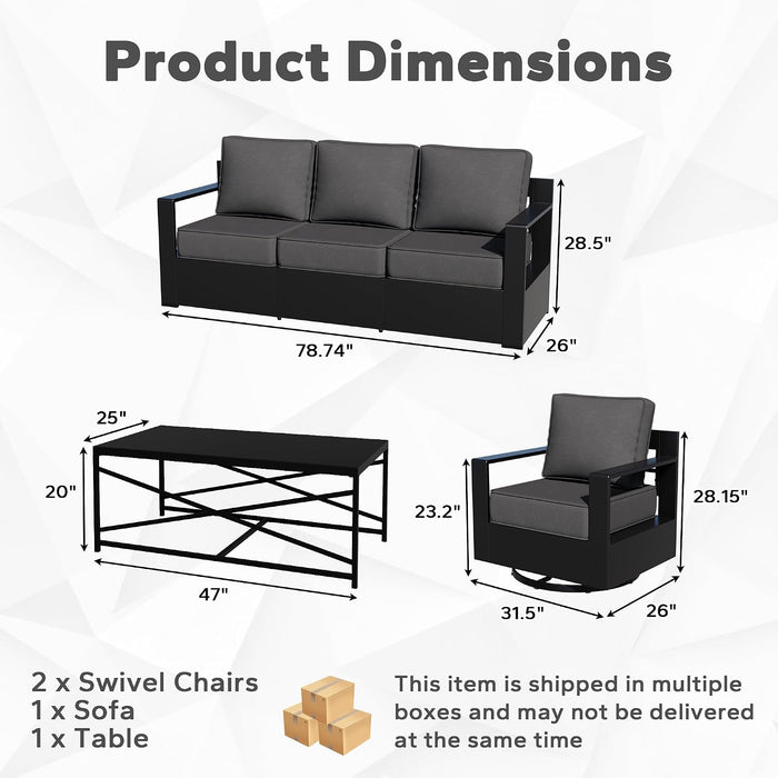 Outdoor Aluminum Furniture Set, 4-Piece Patio Conversation Set, 2 Swivel Chairs, 1 Sofa and 1 Table, All-Weather Metal Frame, 6" Thick Removable Cushions, Deep Setting for Garden, Poolside and Porch