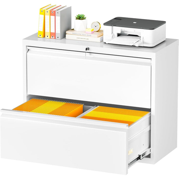 White Lateral File Cabinet with Lock & Drawers