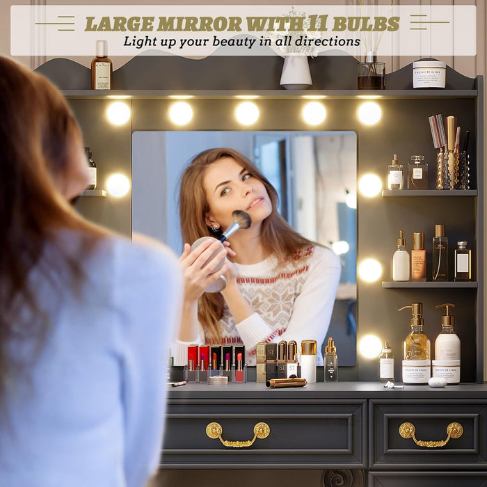 Vanity Desk with Large Mirror and Lights, 43.3" Makeup Vanity Desk with Charging Station and 6 Drawers, Makeup Dressing Table with Storage Stool for Bedroom (Grey)