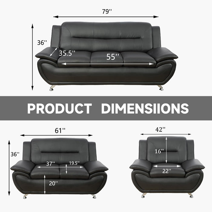 Living Room Furniture Set, Faux Leather Sofa Couch Set, 3 Pieces Modern Sofa Set for Living Room/Apartment/Office (Black)