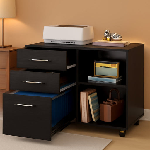 3 Drawer Mobile File Cabinet, Wood Lateral Filing Cabinet, Printer Stand with Open Shelves for Home Office, Black
