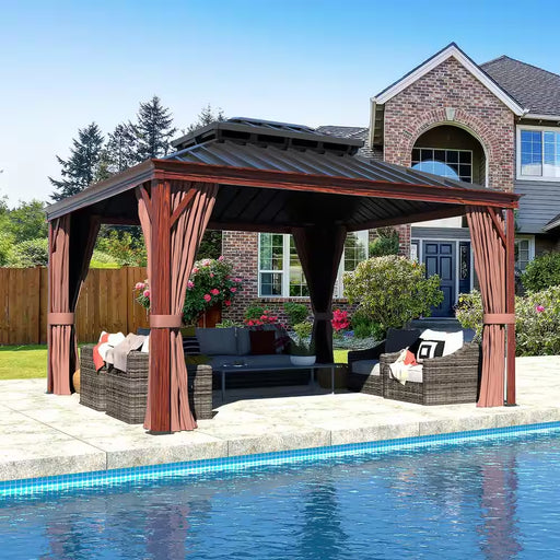 12 Ft. X 10 Ft. Wood Grain Aluminum Hardtop Gazebo Double Roof with Curtains and Netting