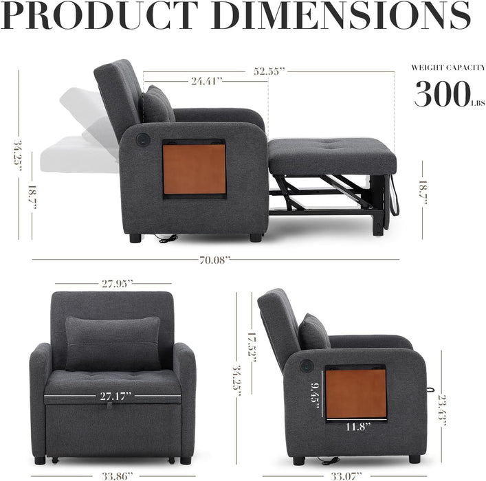 Convertible Sleeper Armchair Charcoal Gray USB Port