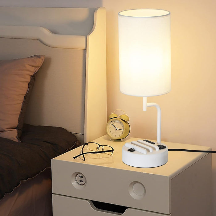 Table Lamp with 3 USB Charging Ports, Modern Desk Lamp with AC Outlet and Phone Stands, Perfect Bedside Lamp for Bedroom, Living Room, Office (Pack of 2), White