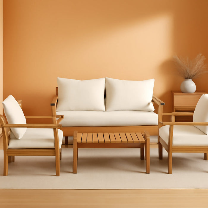 Outdoor 4-Piece Acacia Wood Chat Set, 4 Seater Acacia Wood Conversation Sofa and Table Set with Water Resistant Cushions, Teak Finished (1, White)