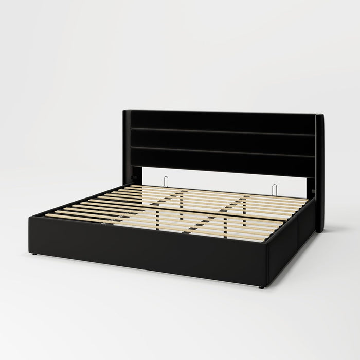 King Size Velvet Lift up Storage Bed, Modern Wingback Headboard, Hydraulic Support, No Box Spring Needed, Black