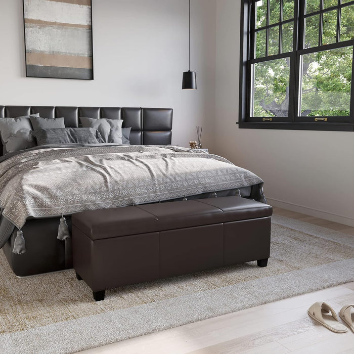 Storage Faux Leather Ottoman, 47 Inch Bench Bedroom Bench with Safety Close Hinge, Extra Long Ottoman with Storage for Living Room, Entryway, Hallway, Foot Rest, Support 300Lbs - Brown