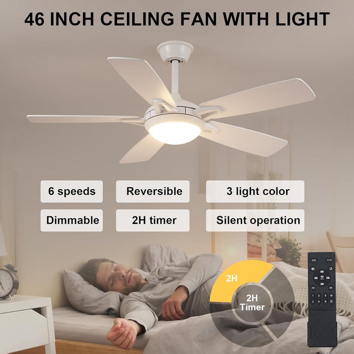 Ceiling Fans with Lights and Remote, 46 Inch Modern Ceiling Fan with Light, White Ceiling Fans for Bedroom Living Room Indoor/Outdoor, Reversible Quiet Motor, Dimmable LED Light, White