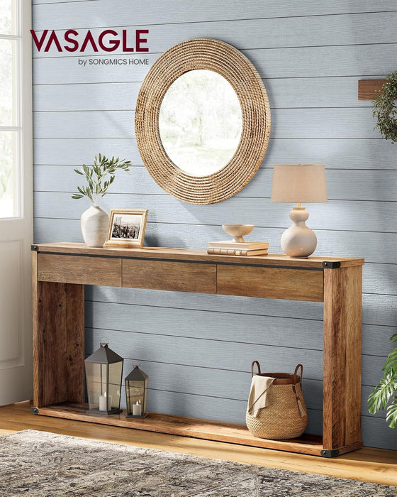 LIRY Collection - Sofa Console Table, 63 Inches Narrow Entryway Table with 3 Drawers, Bottom Shelf, Metal Corners, for Living Room, Bedroom, Farmhouse Style, Honey Brown ULNT146KB01S