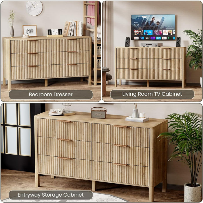 Solid Oak 55InchWideDresserWithSixDrawersStorageOrganization