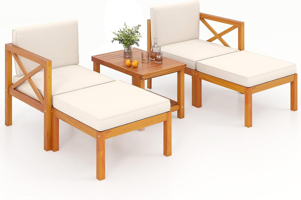 5 Pieces Patio Lounge Chair Set W/Ottomans, Acacia Wood Patio Conversation Set W/Cushions, Coffee Table, Modular Outdoor Lounge Sofa Set for Lawn, Backyard, Poolside