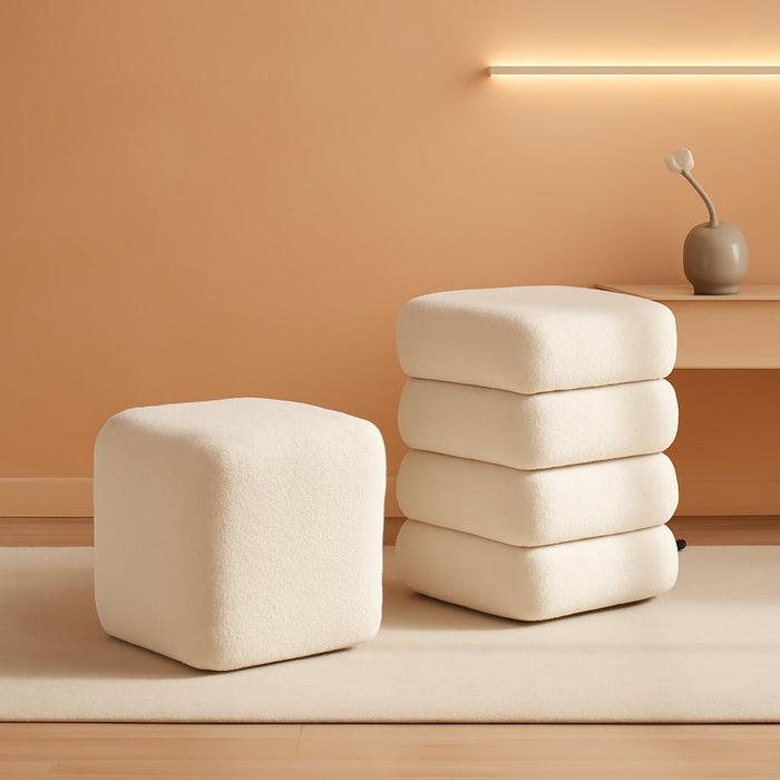 Square Set of 2 Sherpa Nesting Storage Ottoman Stool Boucle Vanity Stool Footstool with Removeable Lid Load up to 440 Lbs for Livingroom Bedroom White UASND69W