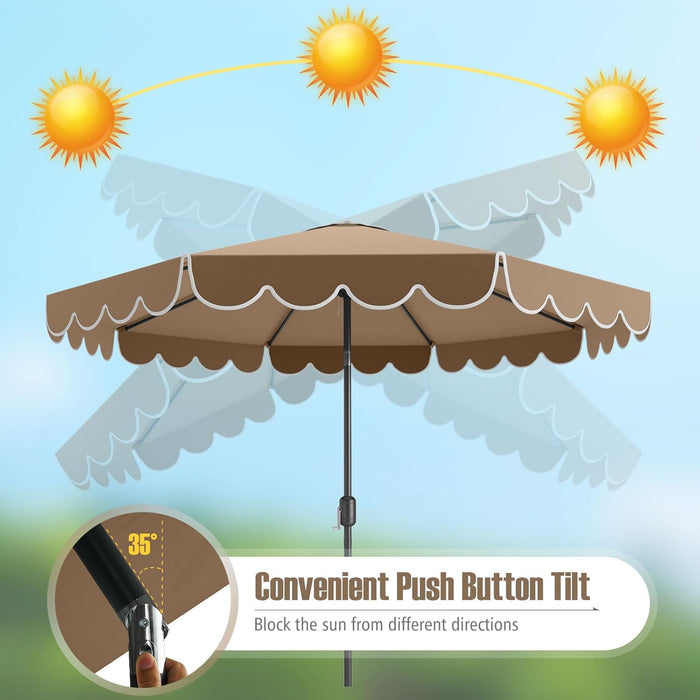 10 FT Patio Umbrella, 2-Tiers Scalloped Outdoor Table Market Umbrella with Tilt Adjustment, Crank, 8 Sturdy Ribs for Pool, Deck, Backyard (Coffee)