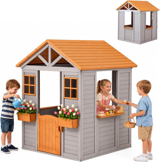 Wooden Kids Playhouse With Brown Weatherproof Kitchen
