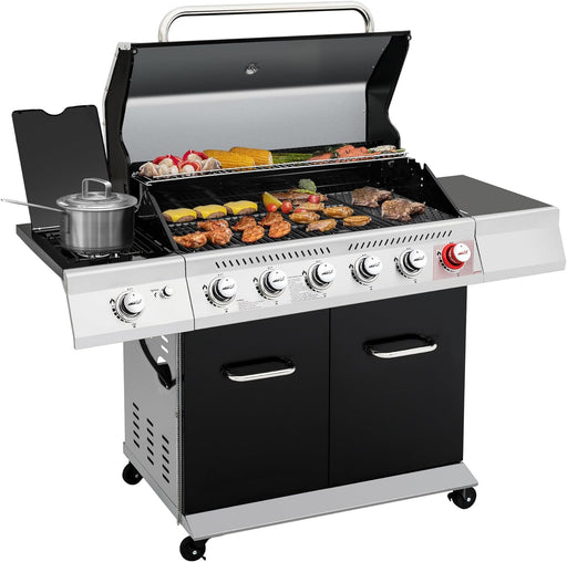 GA6402H 6-Burner Propane Gas Grill with Sear Burner and Side Burner, 74,000 Btus, Cabinet Style Outdoor BBQ Grill for Barbecue Grilling & Backyard Cooking, Black