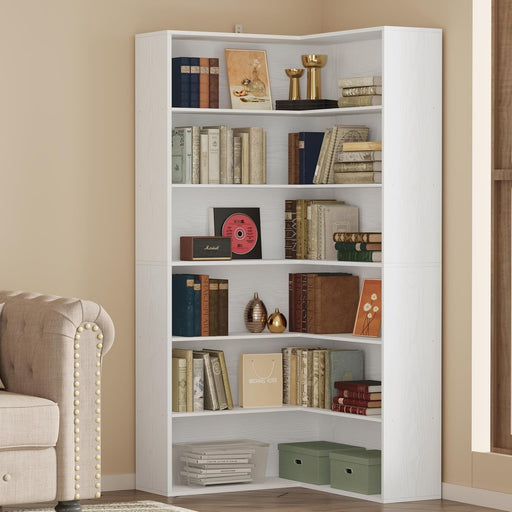 Corner Bookshelf, 6 Tiers Corner Bookcases with Baffles Etagere Shelf Storage Rack for Living Room Home Office, White