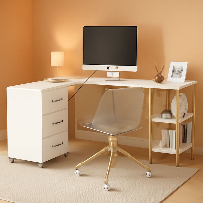 L Shaped Desk - Two-Toned Computer Desk with Drawers & Storage Shelves - Simple Modern Furniture & Home Office Space Corner Table for Work & Writing