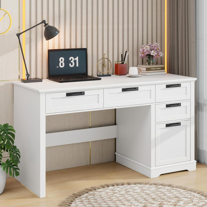 55" Farmhouse Home Office Desk with File Drawer, Executive Computer Desk with 4 Storage Drawers, Rustic Computer Desk for Working, Studying, Writing（White