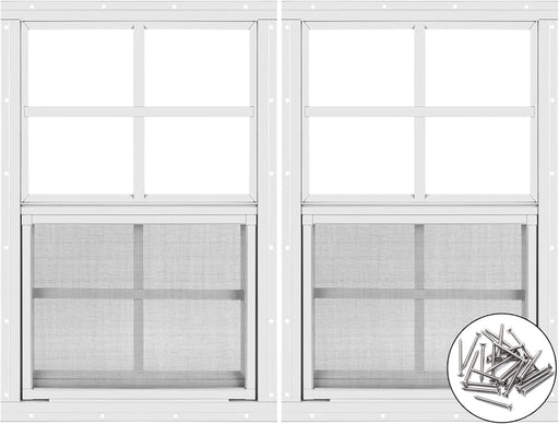 2 Pack Shed Window 14" W X 21" H, White Flush Mount Window with Tempered Glass and Removable Screen for Playhouses, Sheds, Garage and Chicken Coops