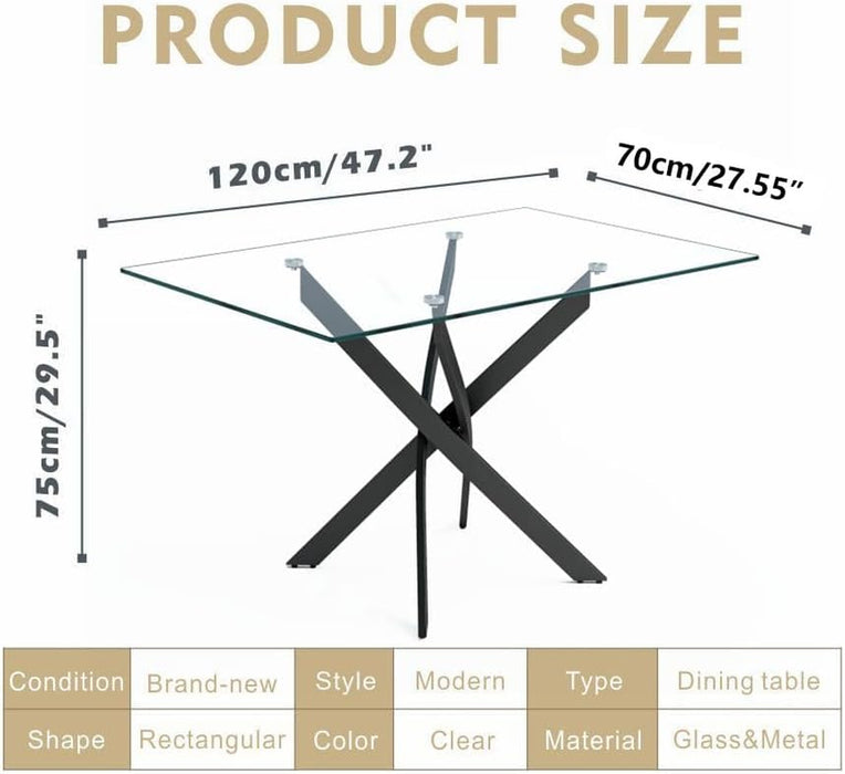 Tempered Glass Dining Table with Black Metal Legs, 47In Modern Rectangular Kitchen Table for Kitchen Dining Room Home Office (47.24 * 27.55, Black)