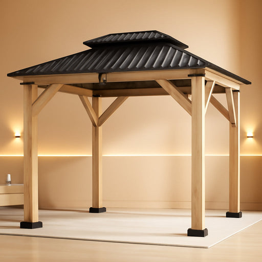 10' X 12' Outdoor Wooden Gazebo - Patio Hardtop Gazebo Permanent Wooden Pavilion with Galvanized Steel Double Roof, Wood Gazebos for Garden, Lawn, Poolside, Backyard Deck