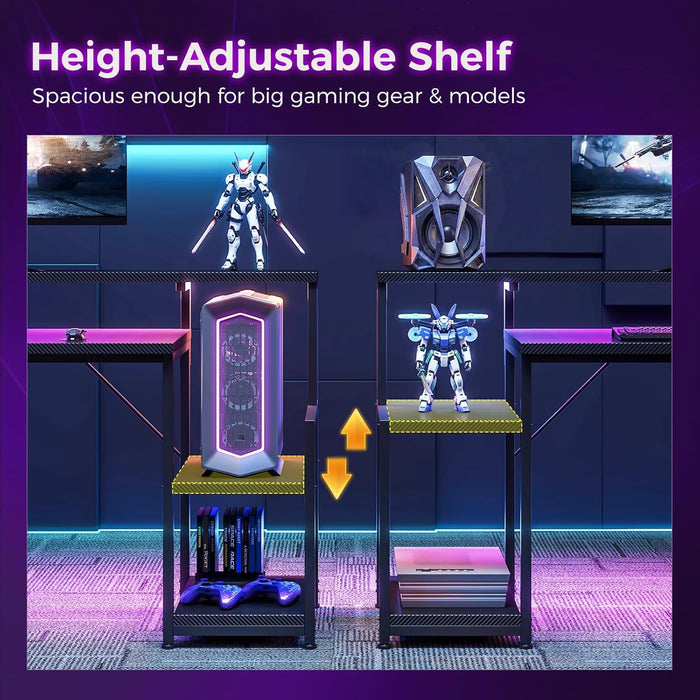 55 Inch Gaming Desk with LED Lights, Computer Desk with Storage Shelves, Reversible Desk with Monitor Stand, Carbon Fiber Black