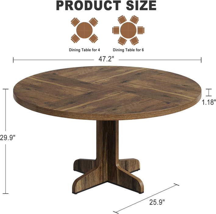 round Dining Table for 4, 47 in Farmhouse Circle Kitchen Table with Wood Tabletop and Stable Base, for Home Dining Room Living Room, Brown (Only Table)
