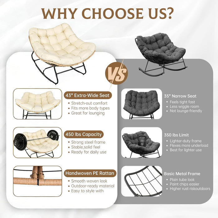 Oversized Wicker Rocking Chair Indoor Outdoor, 450 LBS Heavy Duty Patio Papasan Egg Chair with Cushion, E-Coated Frame Lounge Rocker for Balcony Porch Garden Living Room, Beige